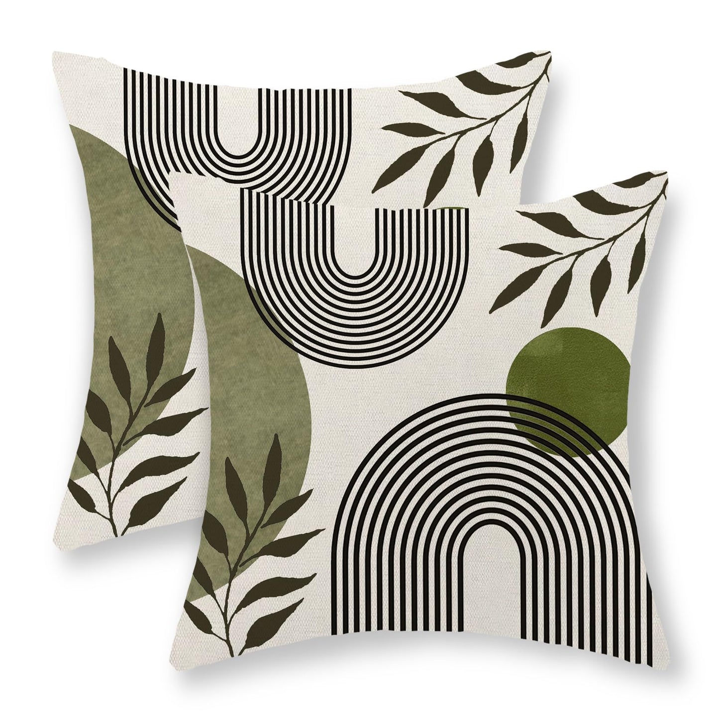Boho Summer Pillow Covers 18x18 Inch 2 Pcs Sage Green Tropical Leaf Outdoor Decorative Throw Pillows, Mid Century Abstract Art Farmhouse Decor Pillowcase Linen Cushion Cover for Couch Sofa G-6
