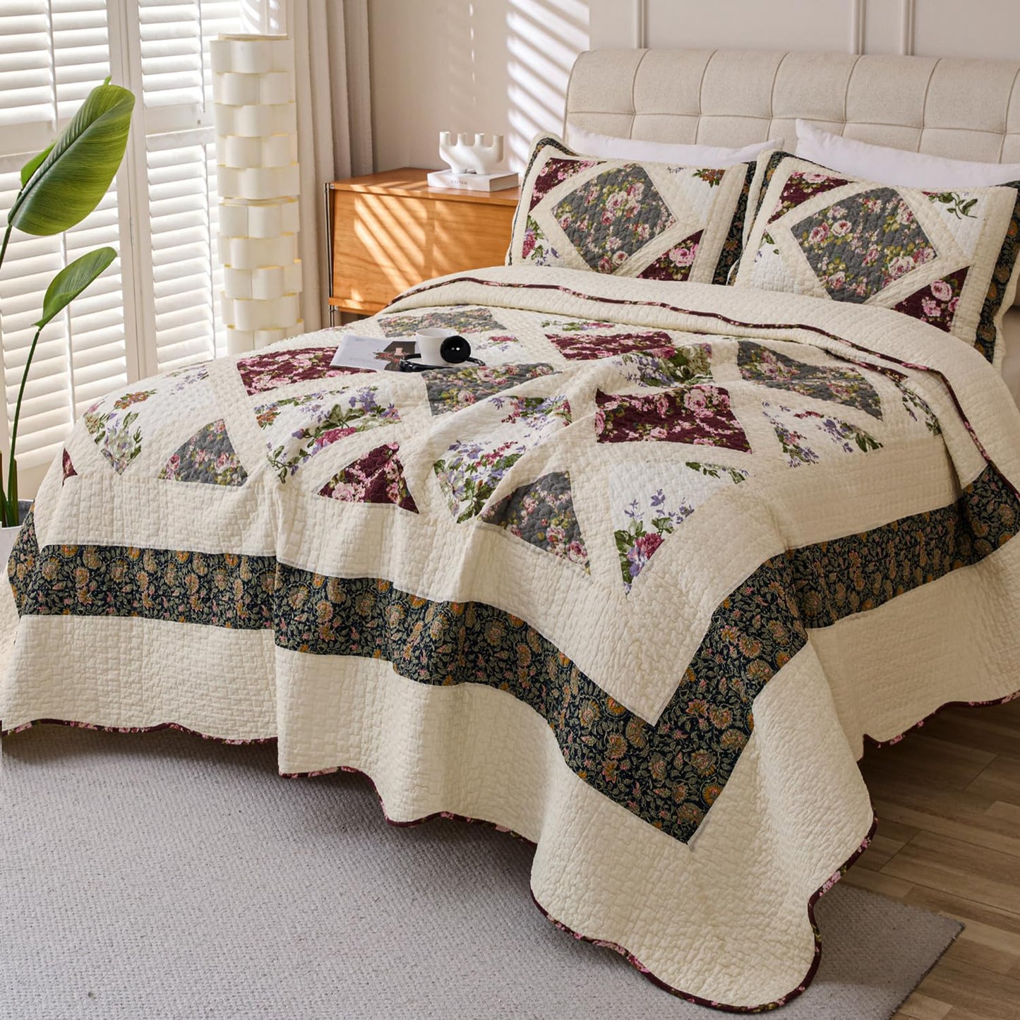 Cmfshape Floral Quilt Sets Bedspread Set 100% Cotton Patchwork Bedding Set,All Season Use Lightweight Reversible Coverlet Quilts with 2 Pillow Shams(Queen 92"x96")