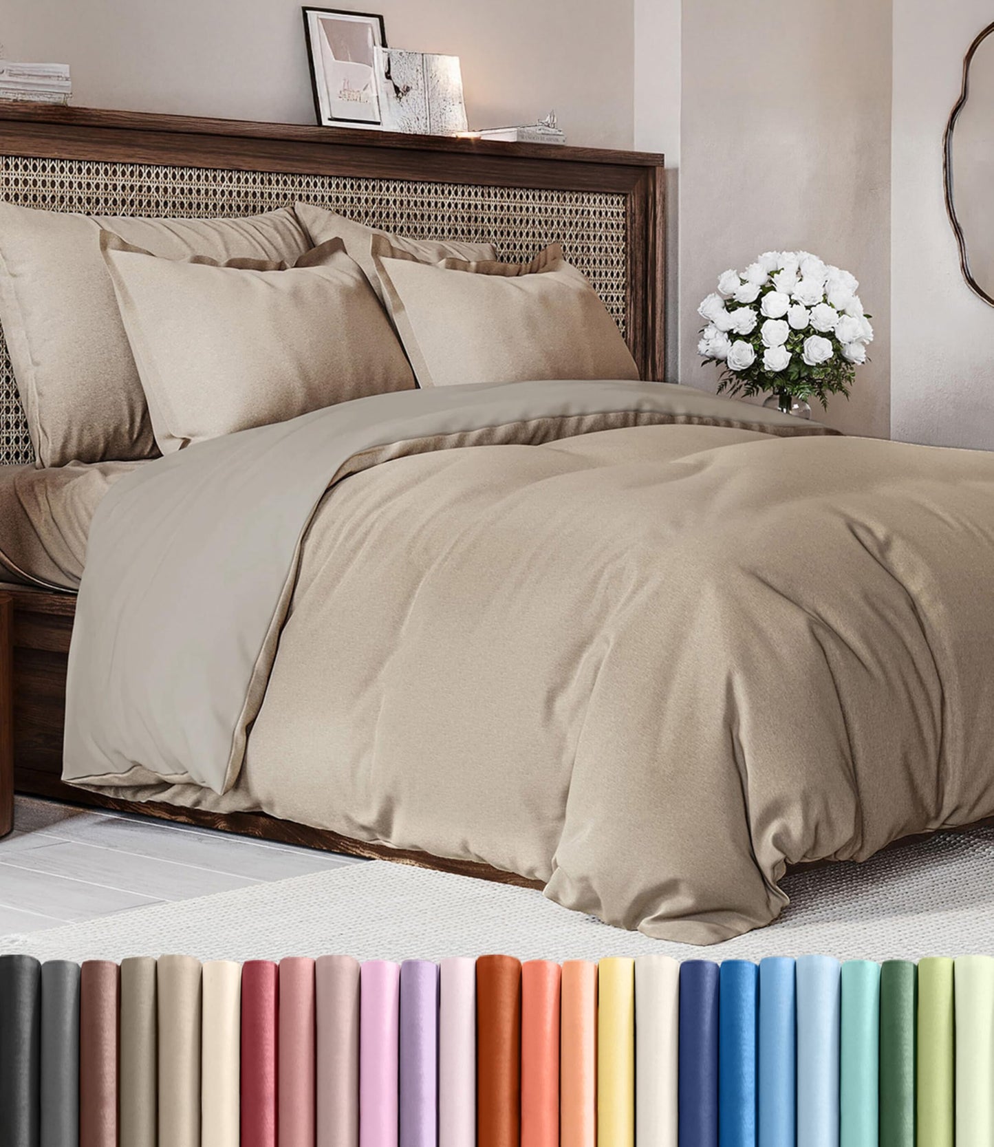 Duvet Cover Queen Size Set - Extra Soft Queen Duvet Cover 90" x 90" with 2 Pillow Shams - Hotel Luxury, Easy Care & Fade Free with Zipper Closures & Ties - Comfy, Cozy & Breathable (Heathered Beige)