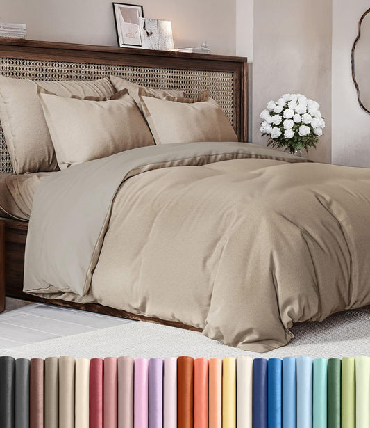 Duvet Cover Queen Size Set - Extra Soft Queen Duvet Cover 90" x 90" with 2 Pillow Shams - Hotel Luxury, Easy Care & Fade Free with Zipper Closures & Ties - Comfy, Cozy & Breathable (Heathered Beige)
