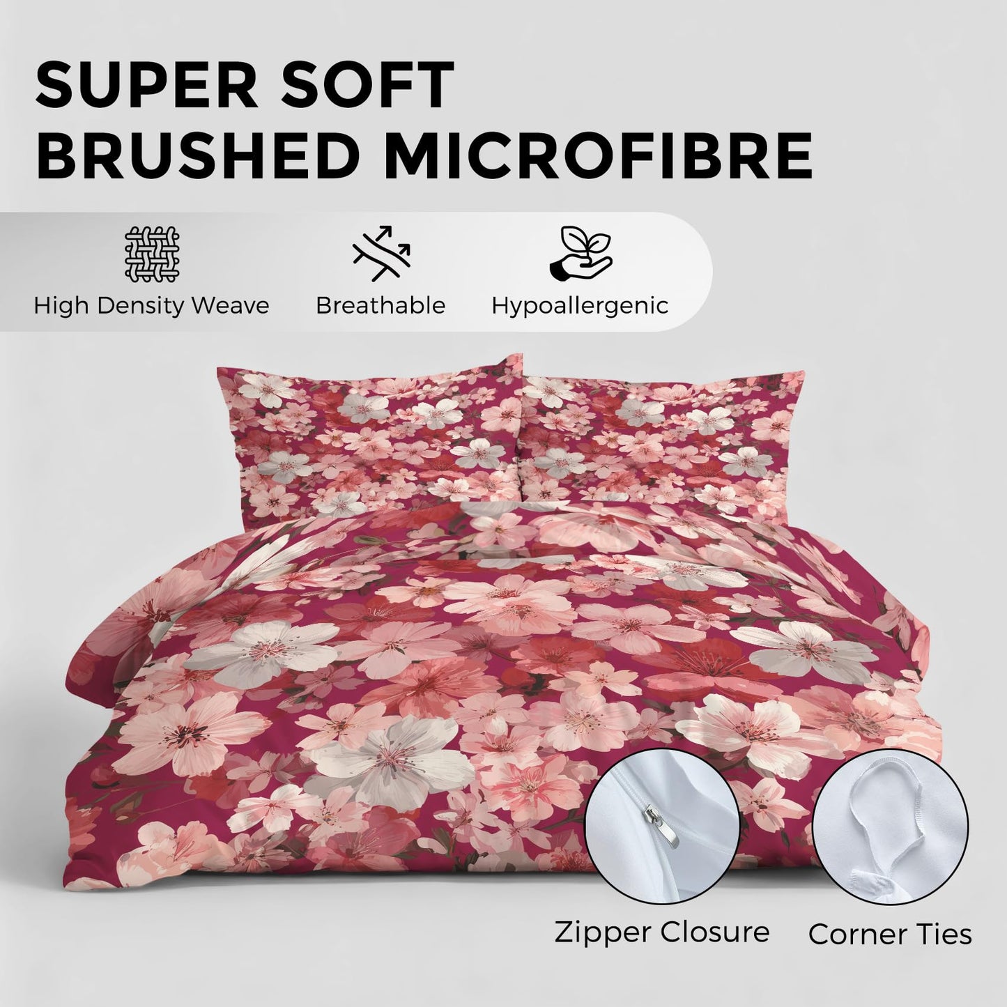 Cherry Blossom Duvet Cover Queen, Burgundy Pink Flower Bedding Set 3 Piece & 2 Pillowcases, Pink Floral Bedroom Decor, Reversible Soft Microfiber, Zipper Ties