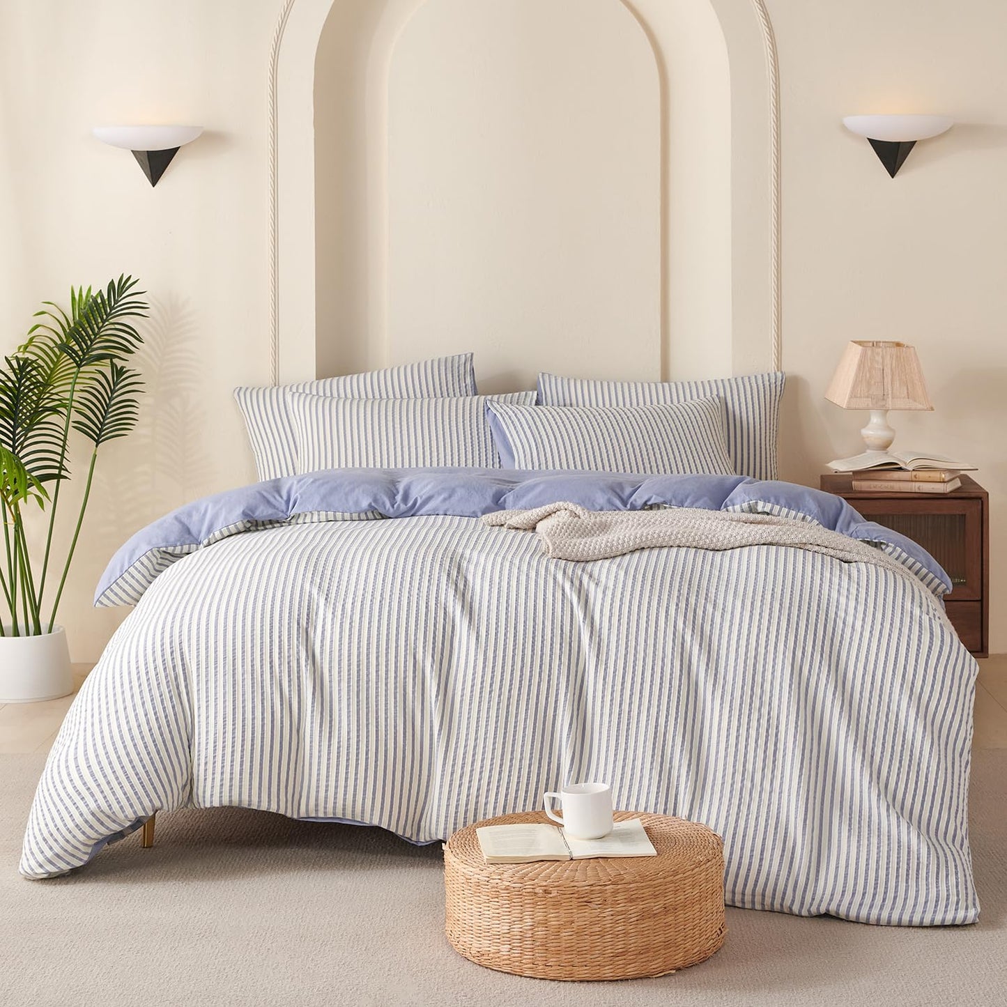 BUPIRD Comforter Set Queen Striped Blue 100% Soft Washed Microfiber Jacquard 3 Pieces Striped Bedding Sets Blue White Comforter for All Seasons and 2 Pillowcases Comfort Breathable