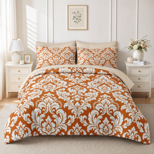 Boewywh Comforter Set Twin Size Vintage Floral Orange 7 Pcs, Bedding for Kids and Adults, Bed Sheet Sets with Fitted Sheet 2 Pillowcases & 2 Shams for Bedroom Bed Decor