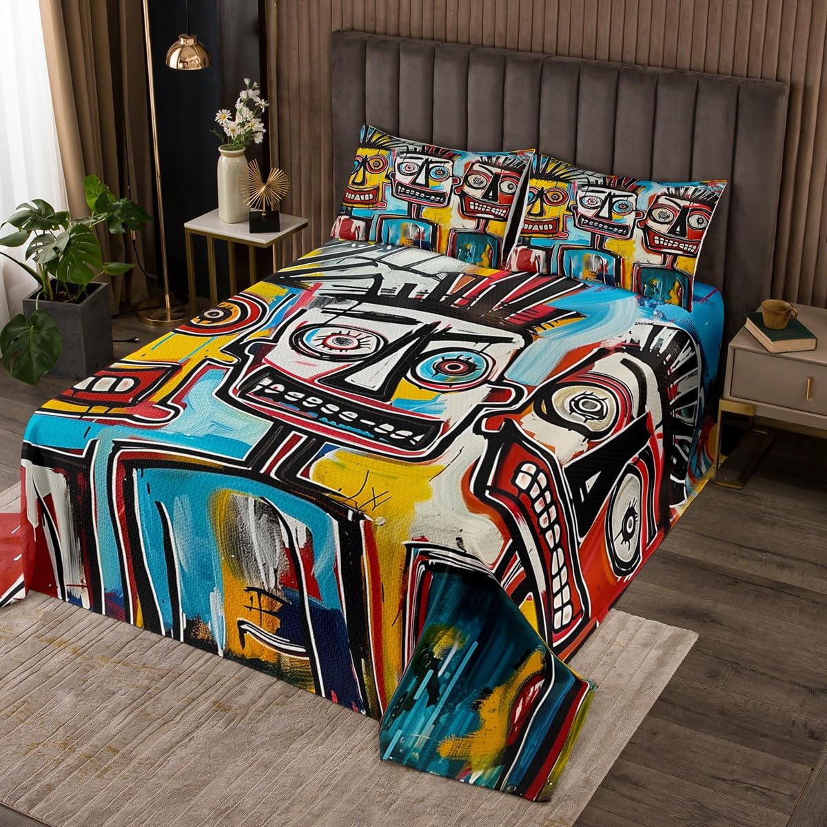Homewish Abstract Graffiti Bedding Sets King Size,Street Art Bedspread 3Pcs for Kids Girls Boys Adult Room Decor,Red Blue Yellow Quilt Comforter Retro Hippie Style Coverlet,2 Pillowcases