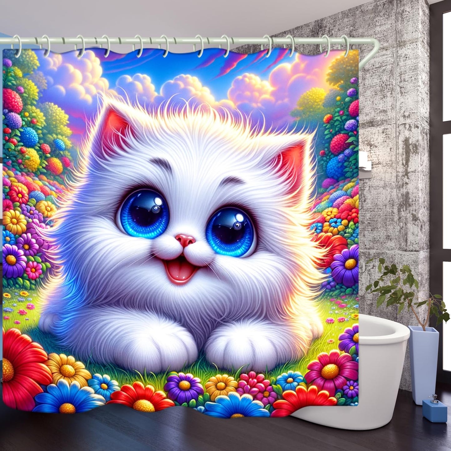 LYFANS Bathroom Using White Cat 3D Shower Curtains, Deluxe Bathtub Standard Shower Curtain, Waterproof and Bright Fabric Shower Curtain Size (72x72 Inches)