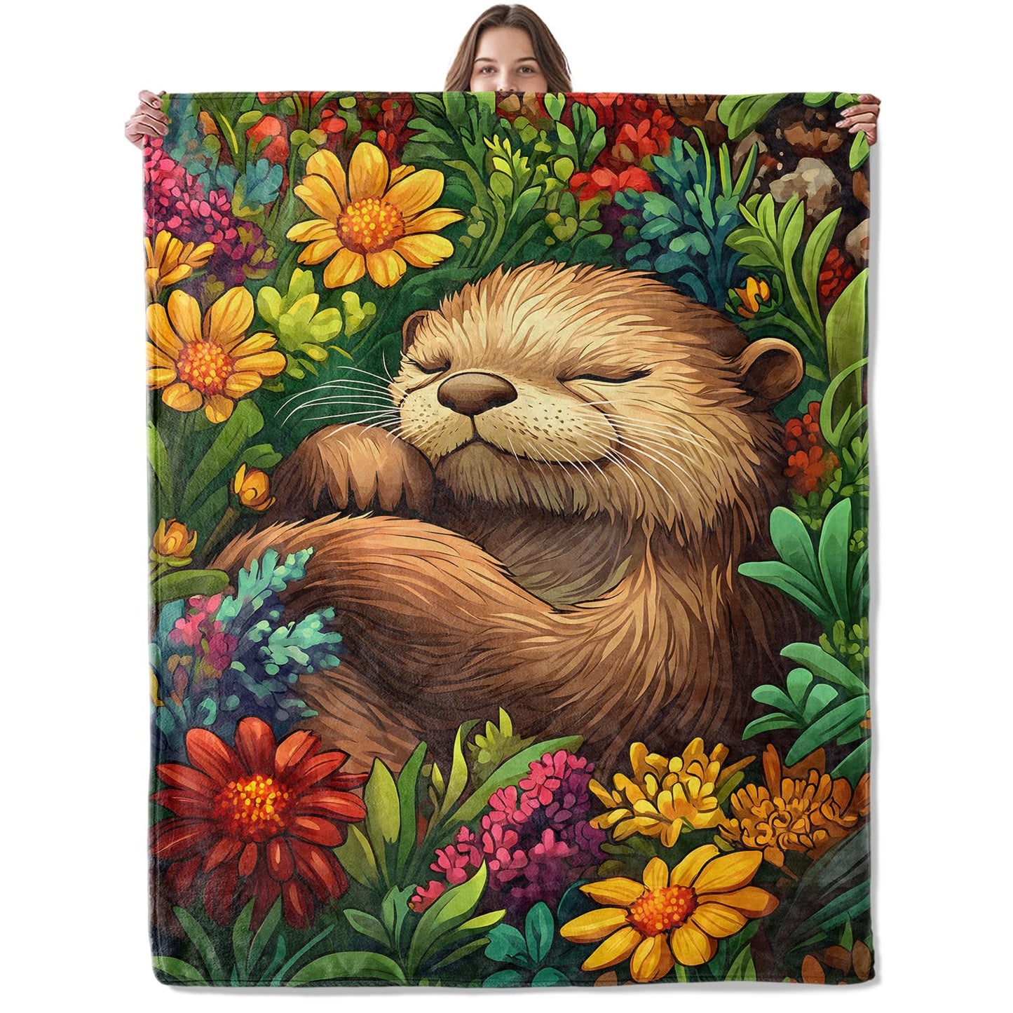 Lugiu Sweet Otter and Flowers Blanket, Lightweight Comfy Sleeping Otters Blankets for Couch Sofa Bedroom, Soft Plush Travel Flannel Throw Blanket Gifts for Adults Kids Women, Home Decor 60×50in