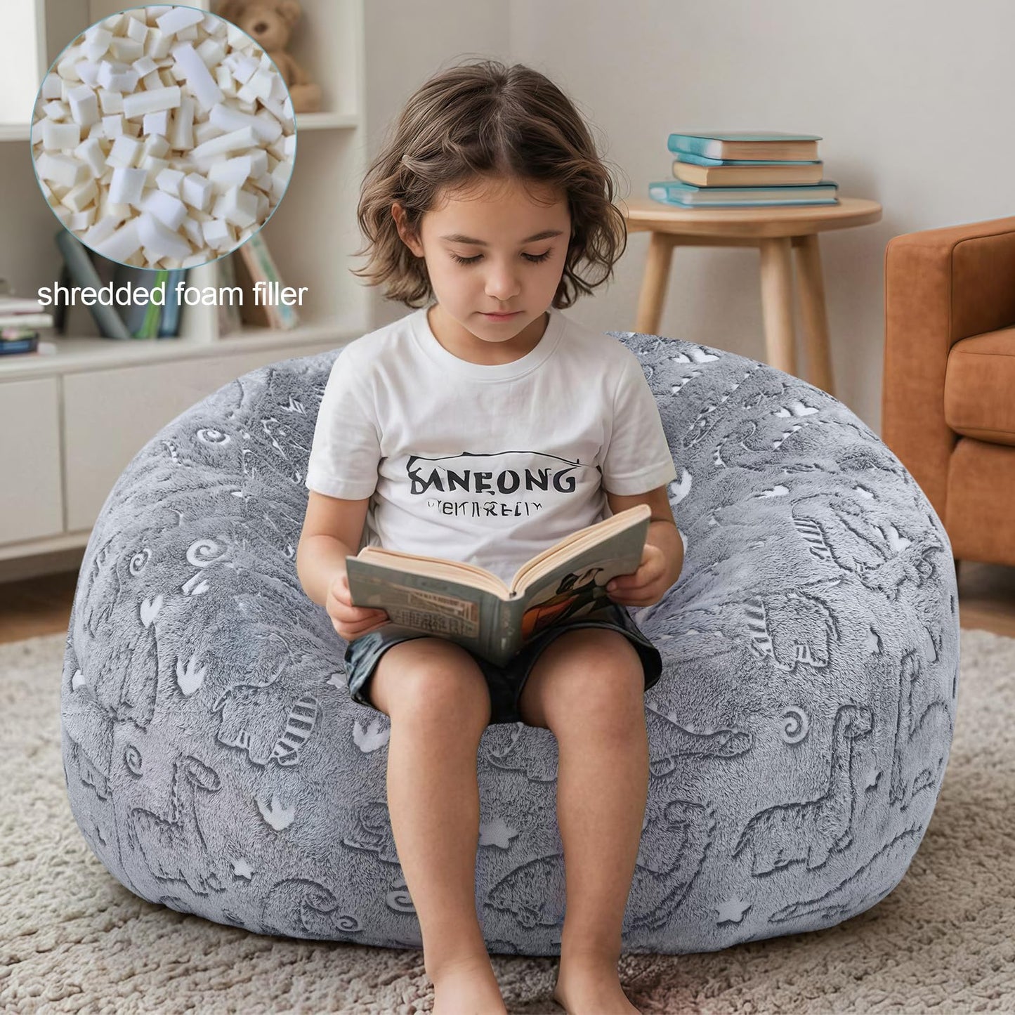COMAX Kids Bean Bag Chair Turn into Beanbag Bed, Dinosaur Toddler Bean Chair for Girl Boy Sleeping, Lazy Children Bean Bags with Filler, Convertible Child Floor Mattress, Grey Dino