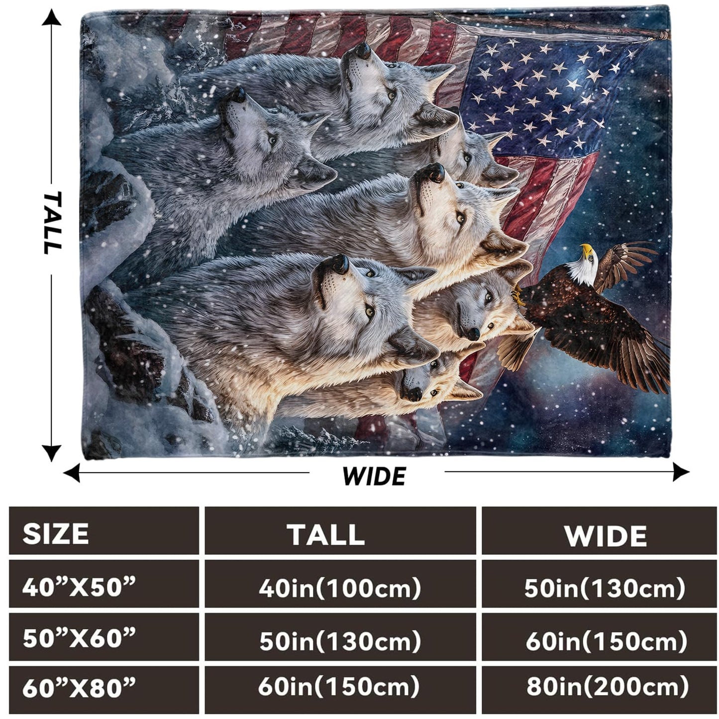 Lugiu Patriotic Wolf Pack Blanket, Lightweight Comfy Majestic Wolves & Bald Eagle Blankets for Couch Sofa Bedroom, Soft Plush Travel Flannel Throw Blanket Gifts for Adults Kids Women, Decor 60×50in