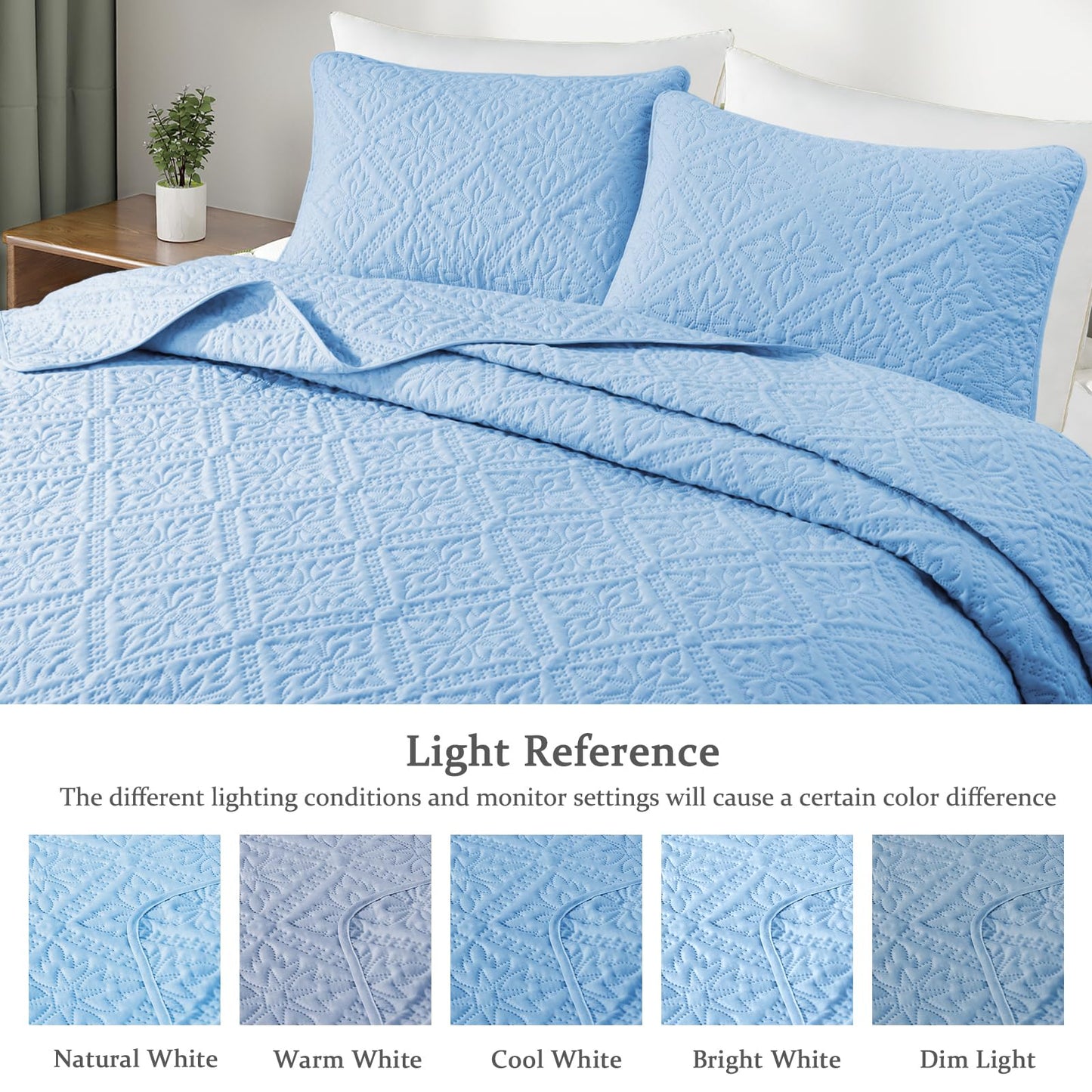 Exclusivo Mezcla King Quilt Bedding Set, Lightweight Soft Bedspreads Coverlets with 2 Pillow Shams, Modern Light Blue Oversized Quilts King Size for All Seasons