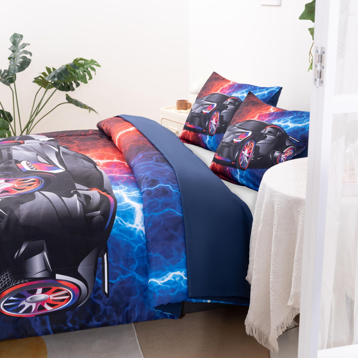 Podol 3 Pieces Race Car Comforter Set Twin Size Red and Blue Sports Car Bedding Sets for Boy Lightnings Tie Dye Bed in a Bag