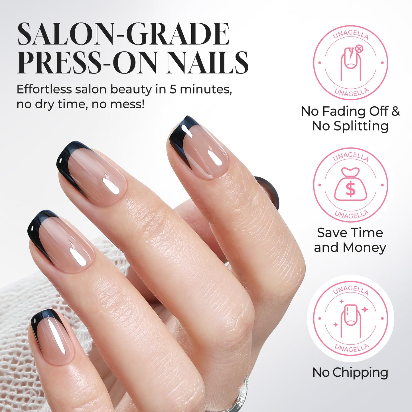 UNA GELLA 32Pcs Soft Gel Press on Nails - 16 Sizes Black Chrome Mirror French Tip Short Square Glue on Nails, Reusable Metallic Black False Nails, Acrylic Nail Kit for Women DIY Home Manicure