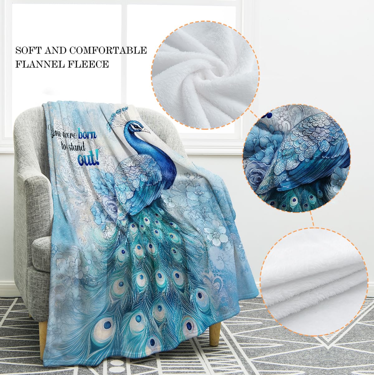 Jekeno Peacock and Floral Throw Blanket Gifts for Adult Kids, Inspirational Peacock Gifts for Women Men, You were Born to Stand Out - Peacocks Themed Decor for Home Bed Couch 50"X60"