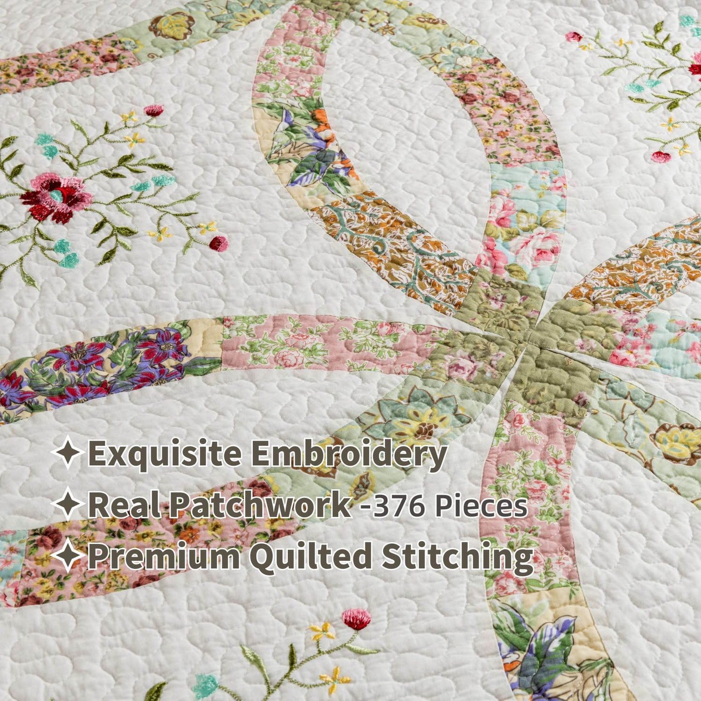 meadow park Cotton Real Patchwork Embroidery Quilt Set 3-Piece. 100% Washed Cotton. 376 Hand Cut Patches. Embroidery and Allover Quilting. Reversible Coverlet Set. (Queen)