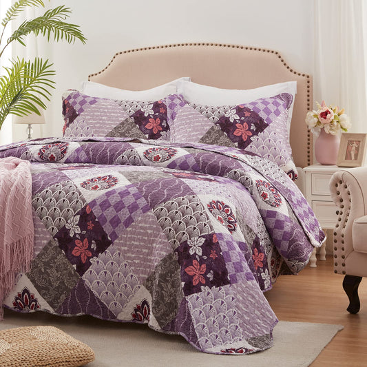 Full/Queen Size Quilt Set 3 Piece Lightweight Reversible Bedspread-90''x98'' Soft Patchwork Floral Coverlet Luxurious Warm Microfiber Bed Cover All Seasons Purple Bedding Set(1 Quilt,2 Pillow Shams)