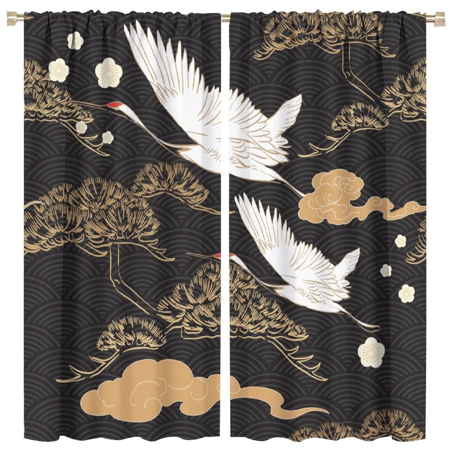 Fairy Crane Curtains Black Gold Plant Traditional Chinese Style Japanese Style Theme Art Bedroom Living Room Decor Rod Pocket Blackout Window Drapes 2 Panels Set 42x45in