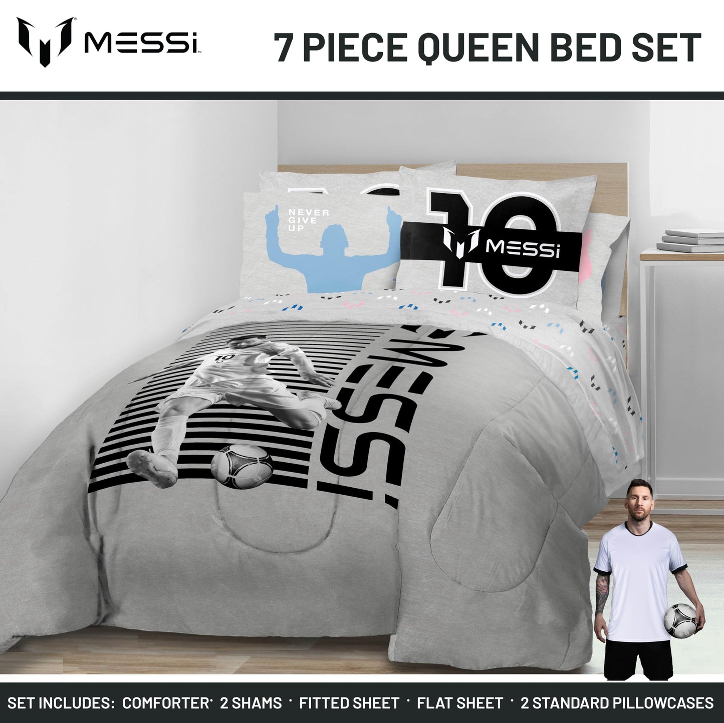 Jay Franco Kids Comforter Set Includes Sheets and Pillow Cover - Soft and Cozy Bed Set for Stylish Room Décor, Grey - Messi, 7 Piece Queen