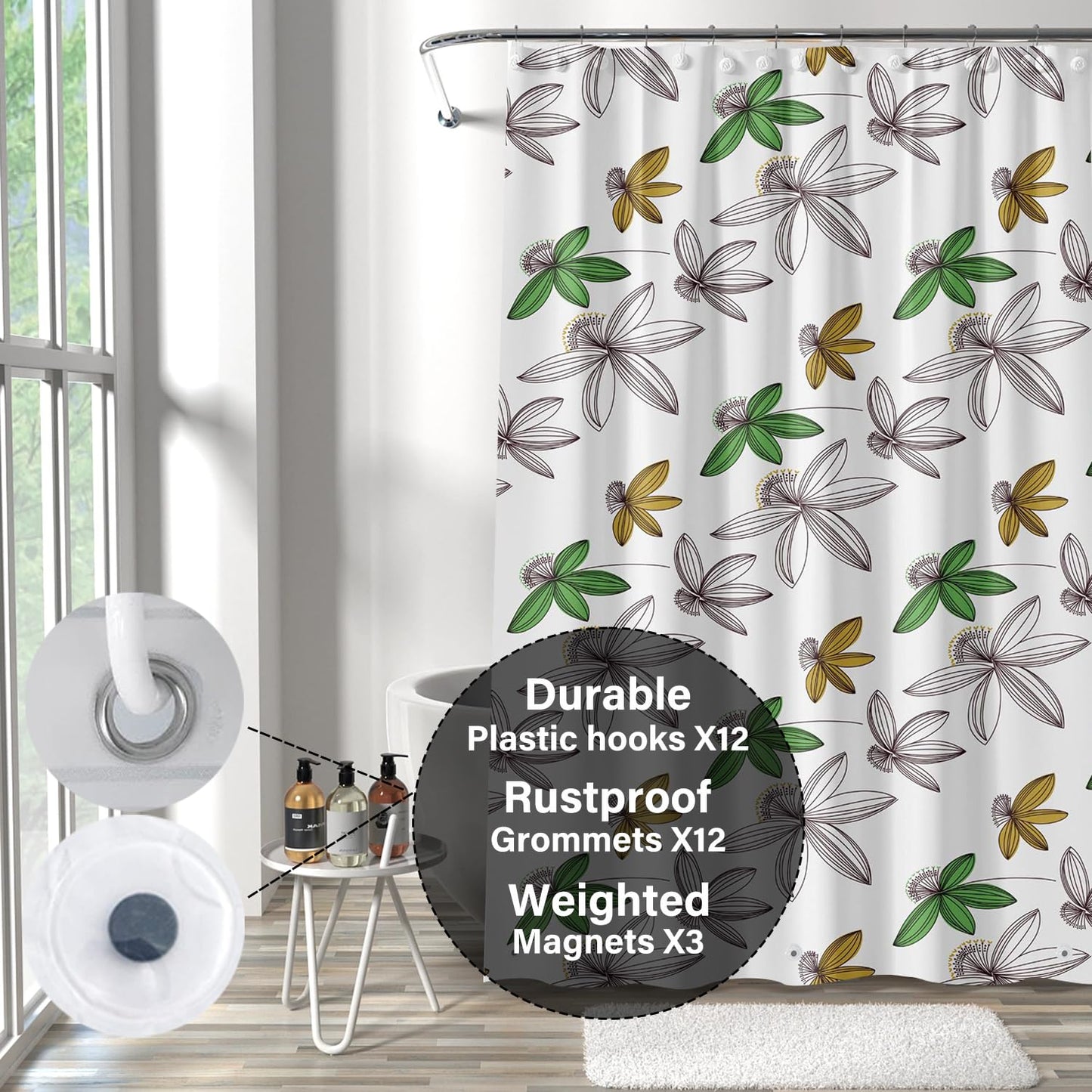 Myratts Plastic Shower Liner - Premium PEVA 6G Thickened Shower Curtain Liner with Rustproof Grommets and 3 Weighted Magnets, Waterproof Shower Curtain for Bathroom(Floral)