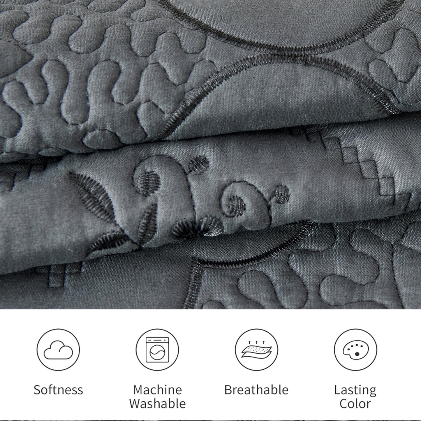 Cmfshape Floral Embroidery Quilt Set,3 Pieces Queen Quilt Bedding Set,Classic Diamond Pattern Quilts,Ultra Soft Lightweight Reversible Bedspread Coverlets for All Season(Grey,90"x90")
