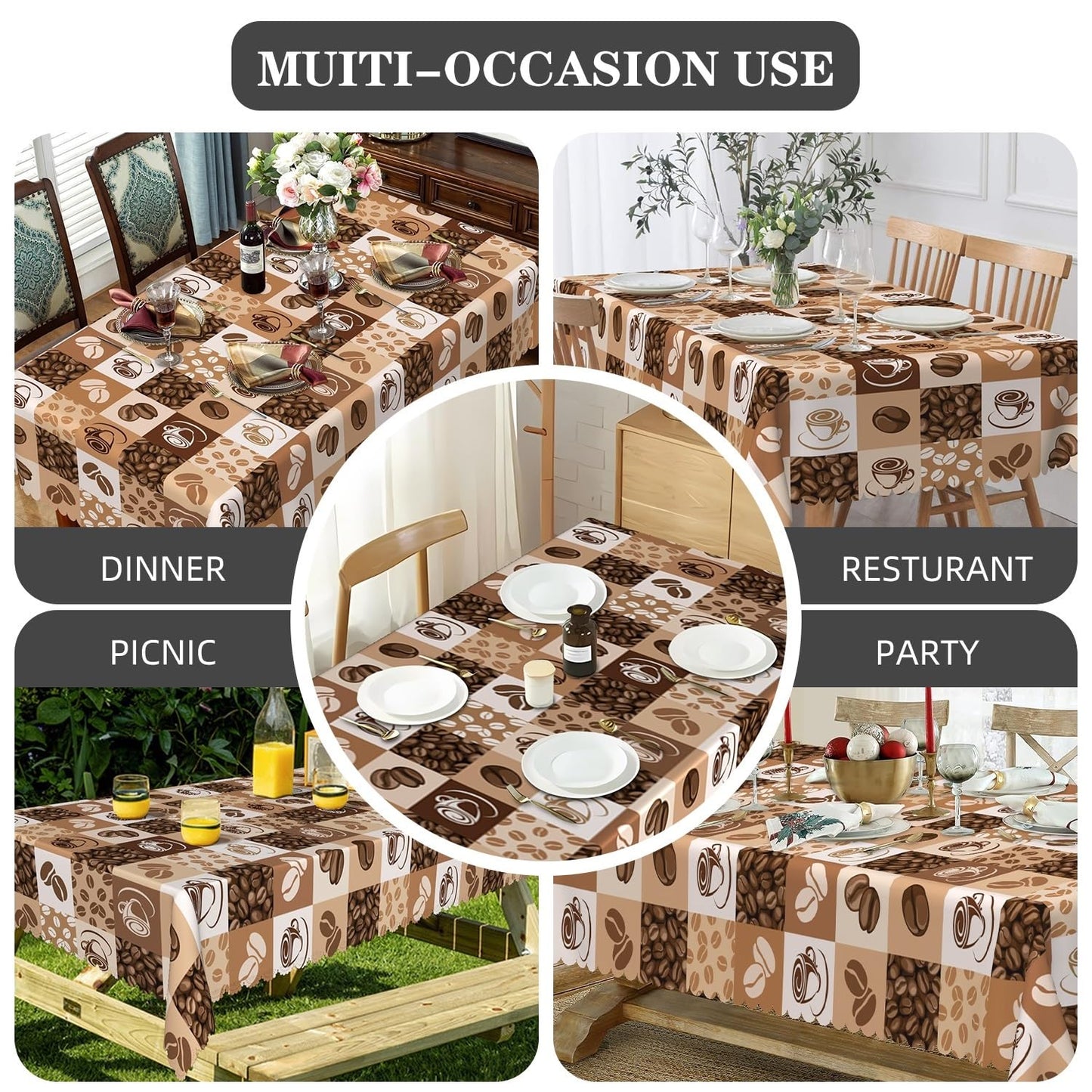 Laeacco 84x60 inch Coffee Beans Print Tablecloth Coffee Cup Hand Drawn Sketch Rectangle Tablecloth Rerto Plaid Waterproof Home Table Cloth for Dining Room Kitchen Cafe Table Decor