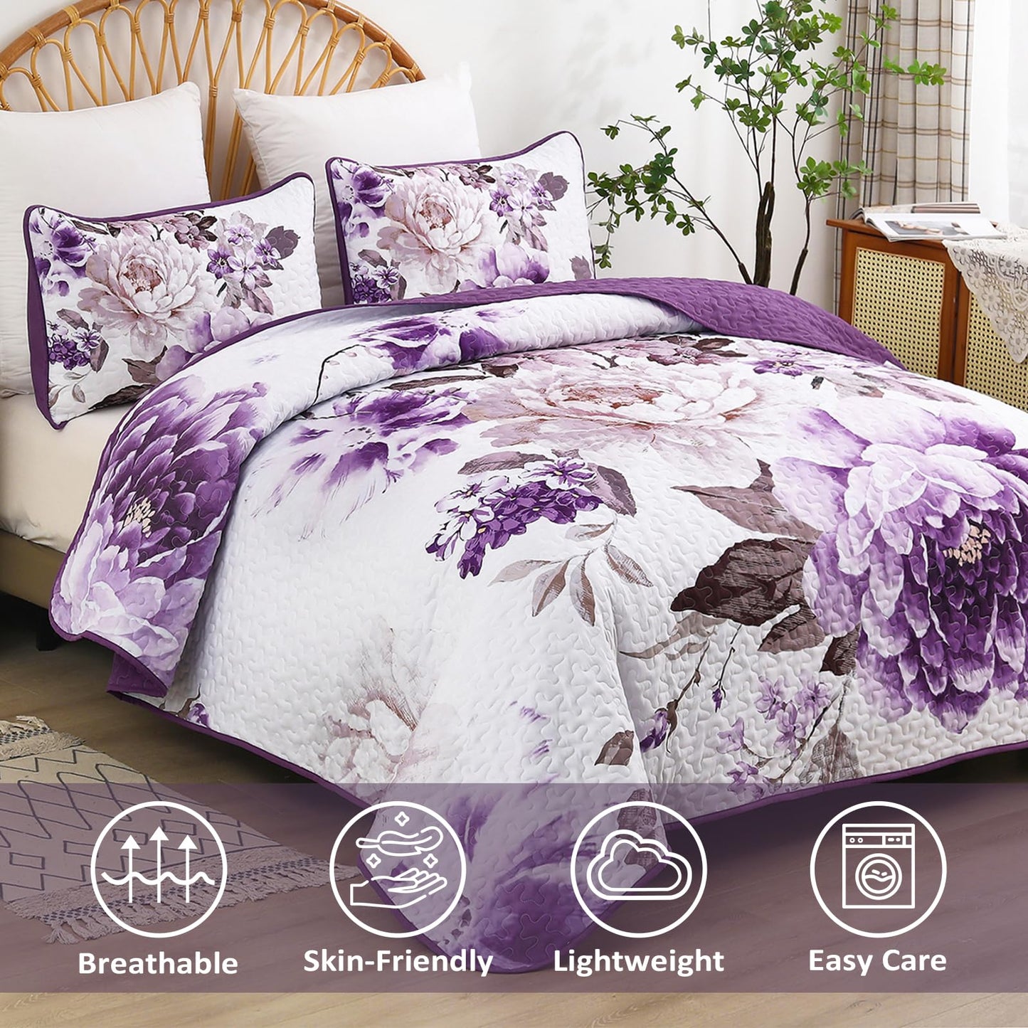 WONGS BEDDING Floral Quilt Set Purple Queen,Quilted Printed Lightweight Bedspread Bedding Set for All Season,3 Pieces Reversible Botanical Plant Coverlet Set with 2 Pillow Shams