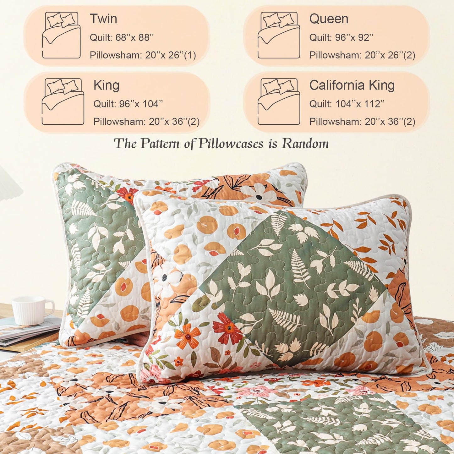 Whale Flotilla Patchwork Quilt King Size, Extra Soft Boho Floral Bedspreads for Bed Reversible Lightweight King Quilt Bedding Set Printed Coverlets with 2 Pillow Shams for All Seasons, Orange