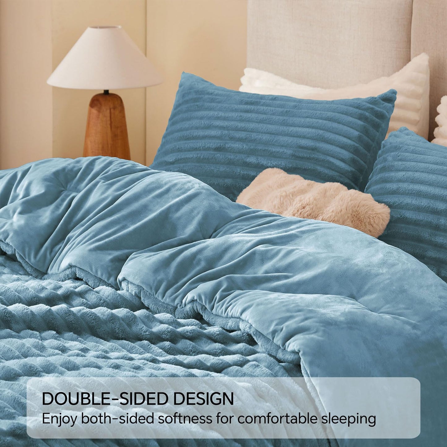 BEDELITE Fleece Queen Comforter Set -Super Soft & Warm Fluffy Blue Fog Bedding, Luxury Fuzzy Heavy Bed Set for All Season with 2 Pillow Cases