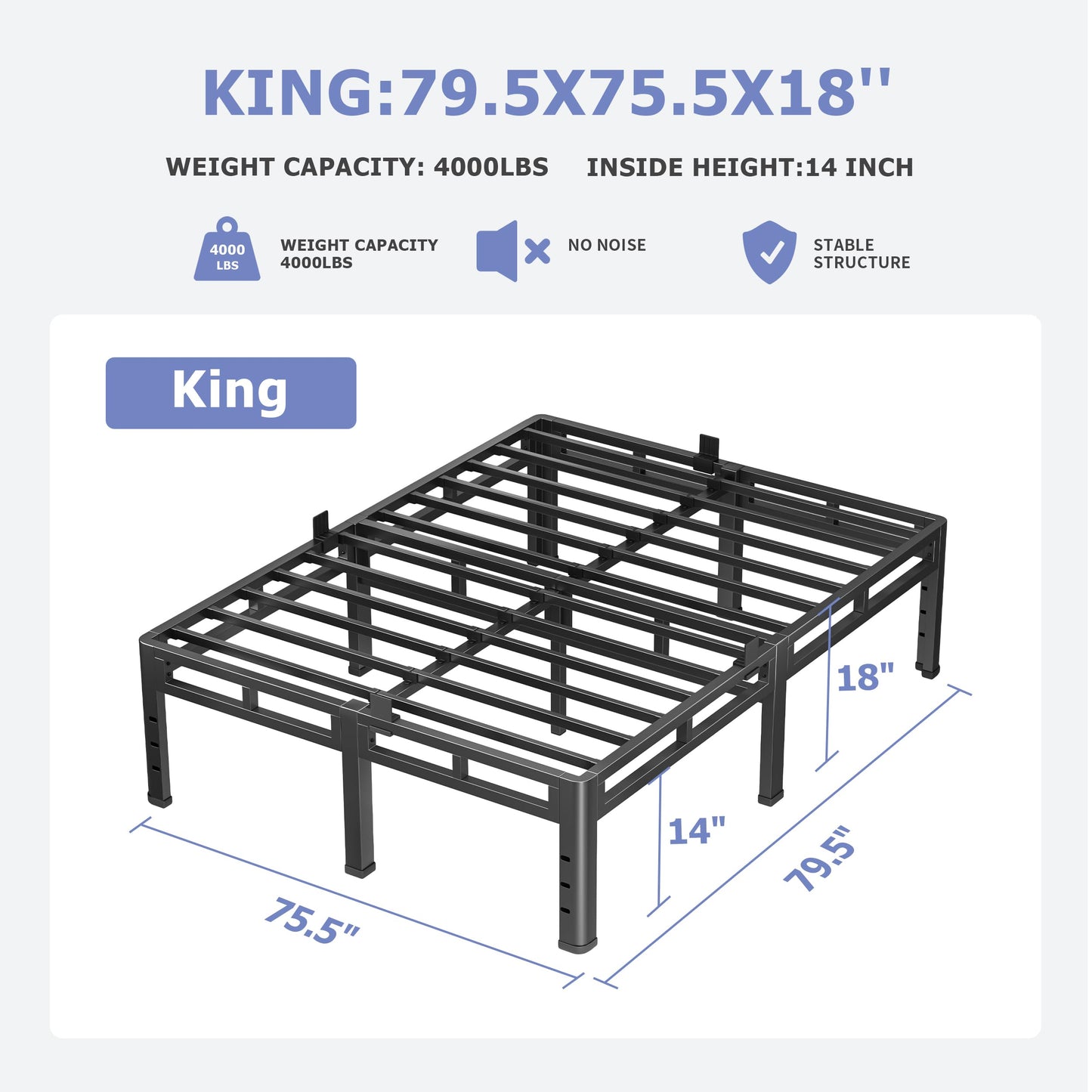 NKZ 18 Inch King Size Bed Frame, Metal Bed Frame & Box Spring 2 in 1 Platform with Round Corner Legs, 4000Lbs Heavy Duty Metal Frame, Mattress Slide Stopper, Headboard Hole, Noise-Free, Easy Assembly