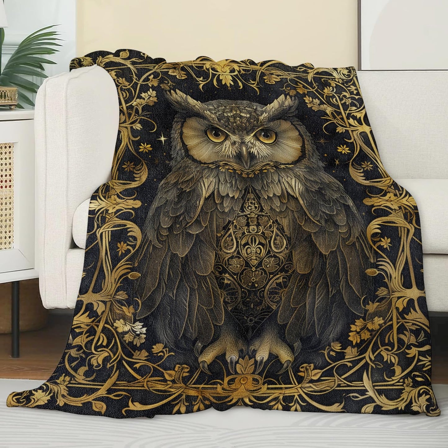 Zeleda Mystery Owl Blanket,Gifts for Nature Lovers,Lightweight Flannel Throw Blankets,Gothic Animal on Black Background Throws Home Decor,for Couch Living Room Office,60x50inch