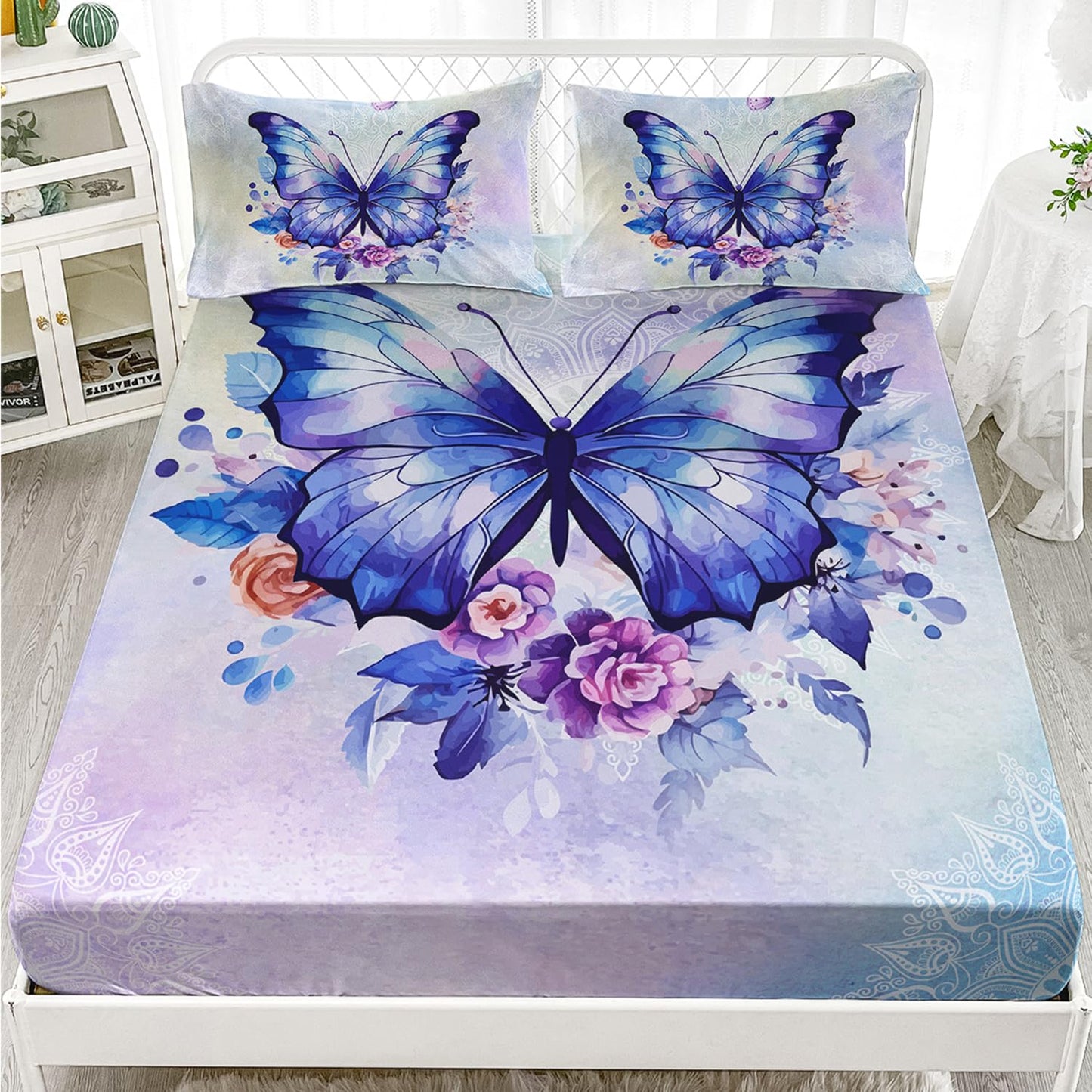 HOSIMA Floral Purple Butterfly Fitted Sheet-Soft Microfiber,Fantasy Butterfly Aesthetics Twin Fitted Sheet for Kids Girls Teens Women,Mandala Preppy Bedding 3Piece with 2 Pillow Shams.