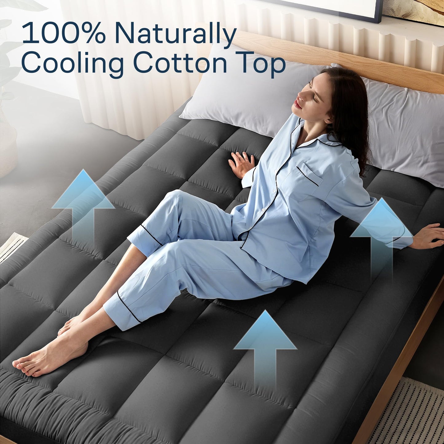 Niagara Sleep Solution Cloud-Like Queen Mattress Topper - 100% Cotton Top Mattress Pad for Back Pain Relief - Breathable & Naturally Cooling for Hot Sleepers, Dark Gray