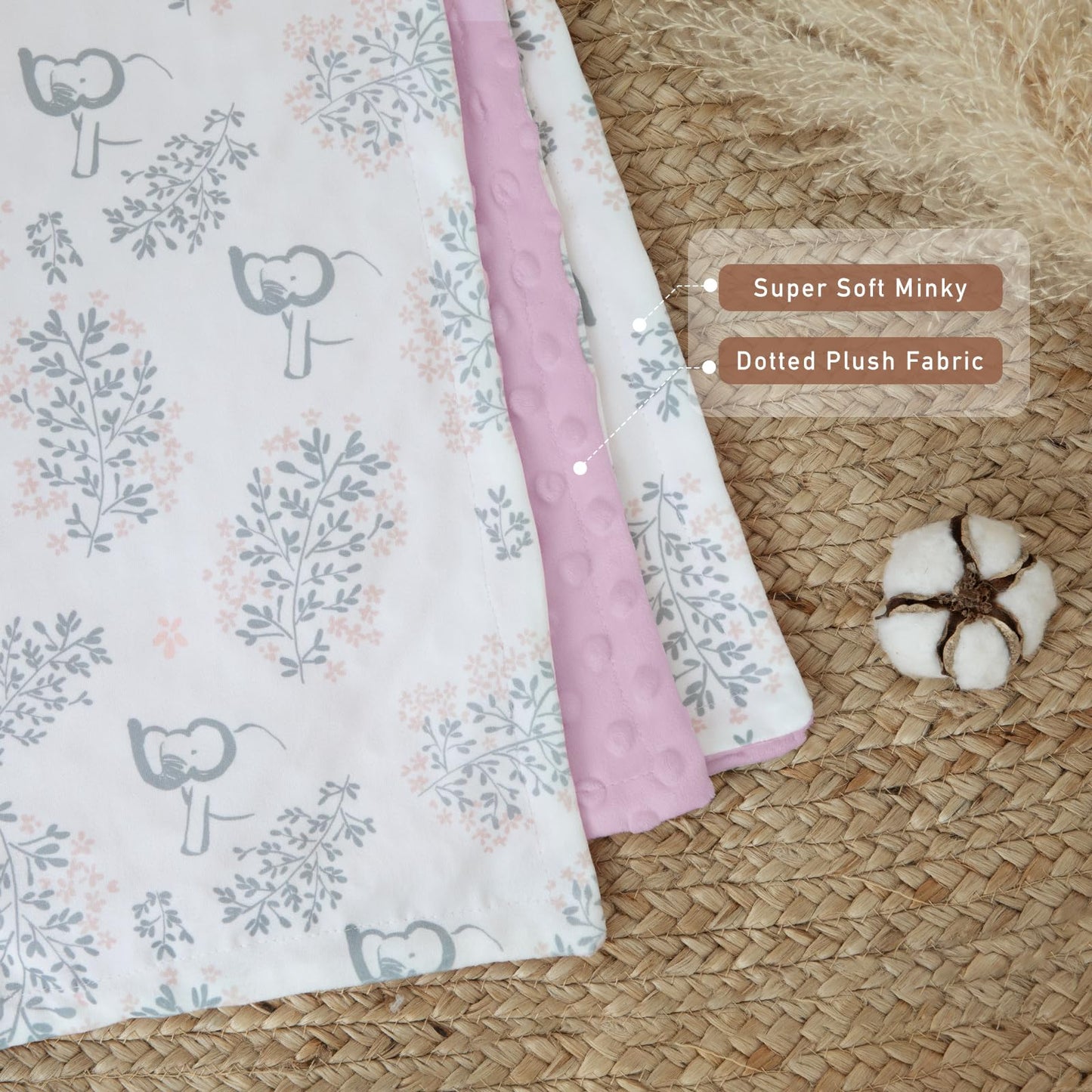 CIVARUA KIDS Baby Blankets for Girls Soft Plush Nursery Minky Blanket Neutral with Print Pink Forest Elephant and Cozy Raised Dotted Fleece Backing, 30 x 40 Inch Double Layer Bed Throws