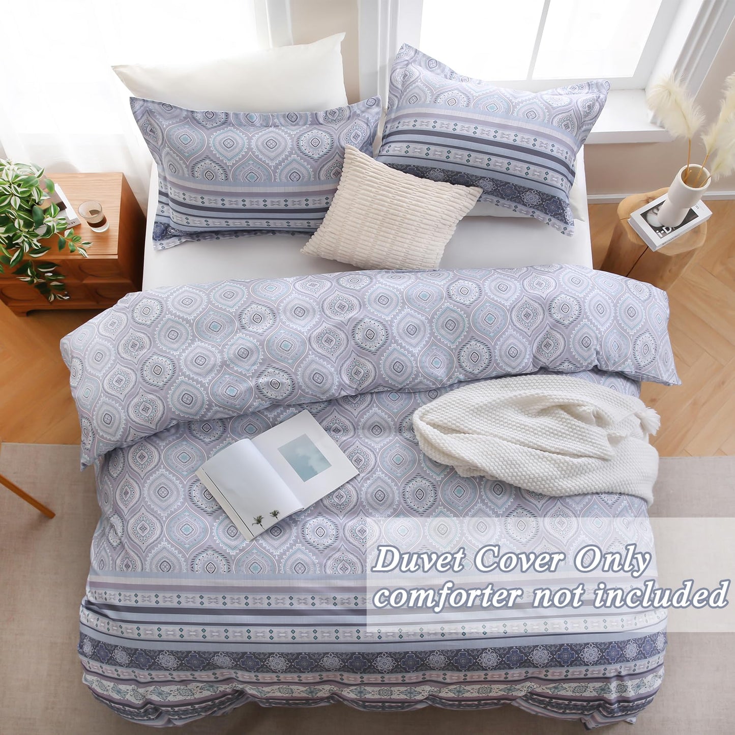 Ocharo Boho Duvet Cover King Size 100% Cotton,Reversible Duvet Cover Set with Bohemian Floral Striped Printed,Soft 3 Pieces Paisley Pattern Duvet Bedding Cover Set with 2 Pillow Shams,Grey Purple
