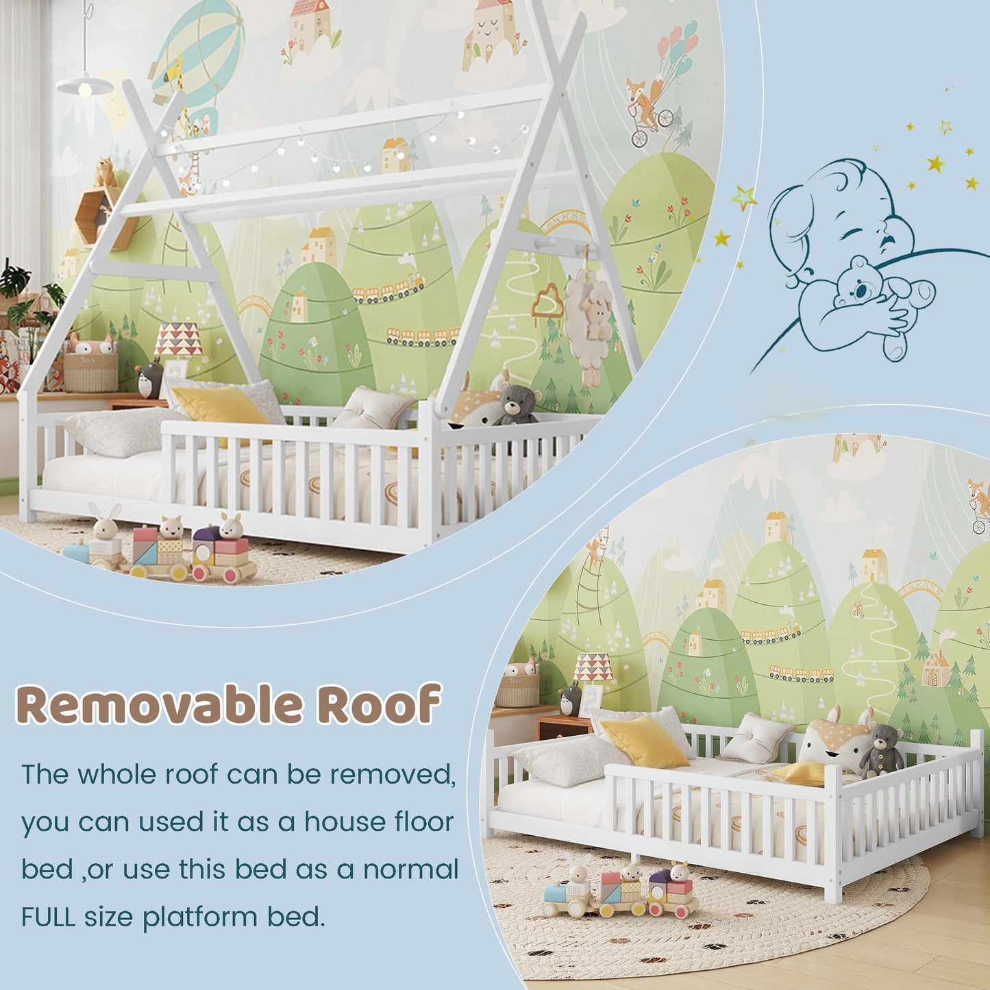 MoproBeti Montessori Bed Full Size with Light and Slats, Wood Teepee Floor Bed for Kids Boys Girls,House Bed Frame with Rails & Roof,No Box Spring Needed, White
