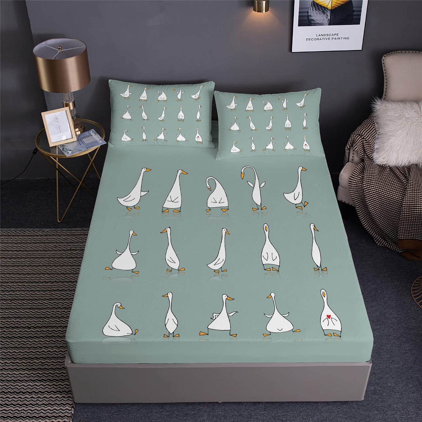 Boasorte Graceful Goose Design Fitted Sheet Set Farm Animal Farmhouse Pastoral Goose Prints Bedding Set | with Fitted Sheet and 2 Pillowshams(3pcs) or Comforter(4pcs) (D,Twin-3PCS)