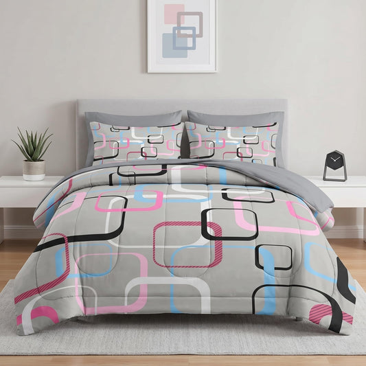 Nesker 7 Pcs Comforter Set Full Size, Geometric Retro Square Bedding Set for Kids and Adults, Grey Colorful Bed Sheet Sets with Fitted Sheet 2 Pillowcases & 2 Shams