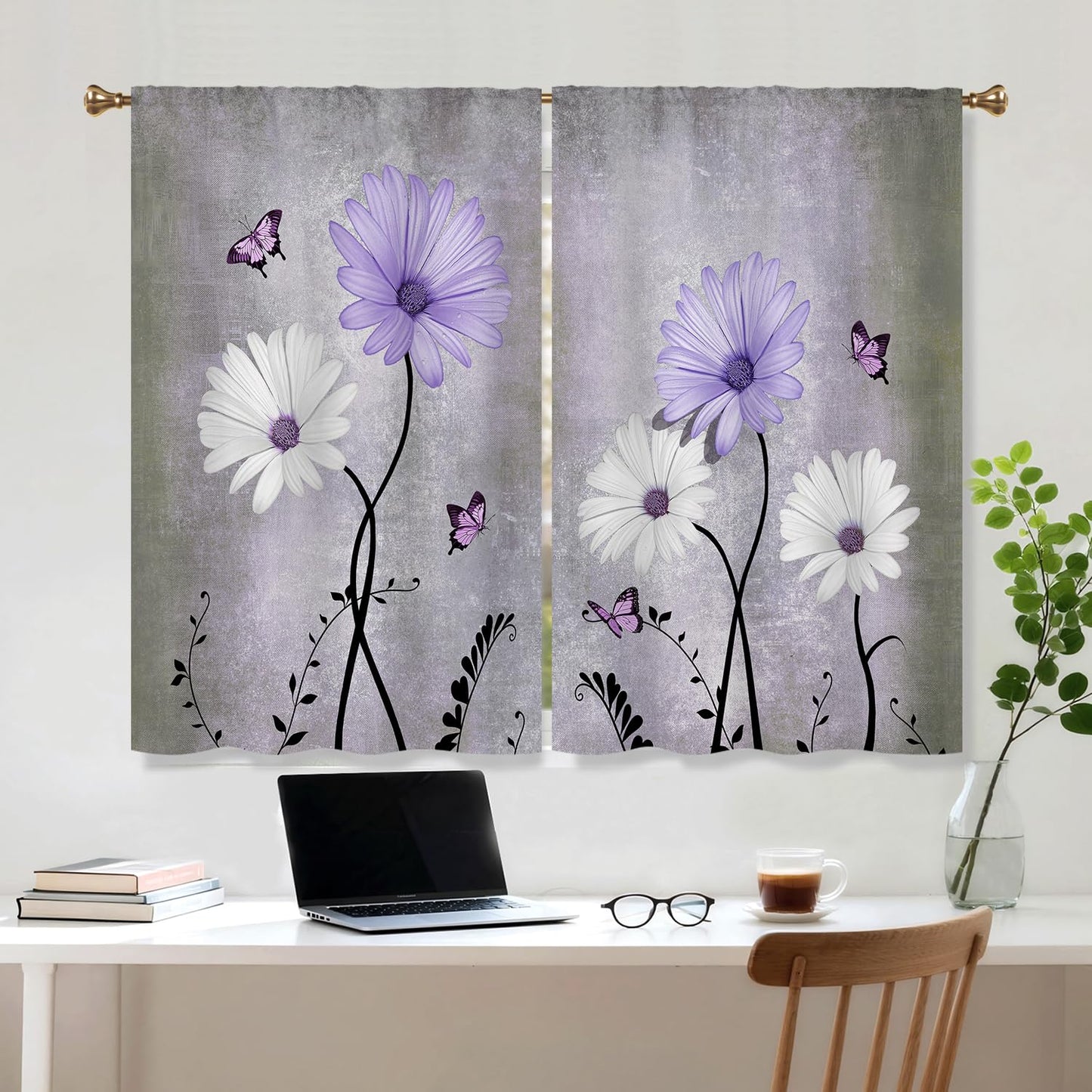 Cizuug Purple Daisy Rustic Farmhouse Kitchen Curtains Watercolor Floral Flower Small Short Cafe Window Curtains Butterfly Country Bathroom Drapes Treatment Tier Curtains 2 Panels