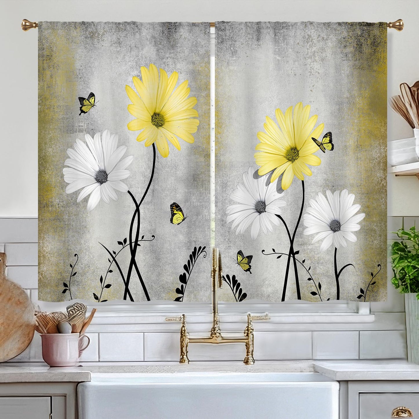 Cizuug Yellow Daisy Rustic Farmhouse Kitchen Curtains Watercolor Floral Flower Small Short Cafe Window Curtains Butterfly Country Bathroom Drapes Treatment Tier Curtains 2 Panels