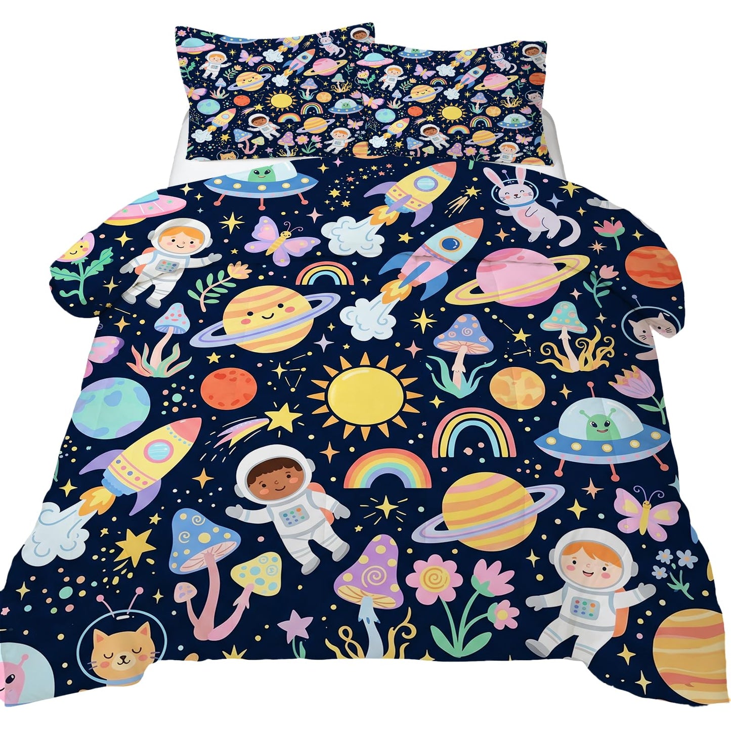 DJNEAR Kids Space Adventure Comforter Set, Astronaut and Rocket Print Bedding Set Full Size for Kids Boys Girls Teens, Soft Microfiber Room Decor 1 Comforter 2 Pillowcase