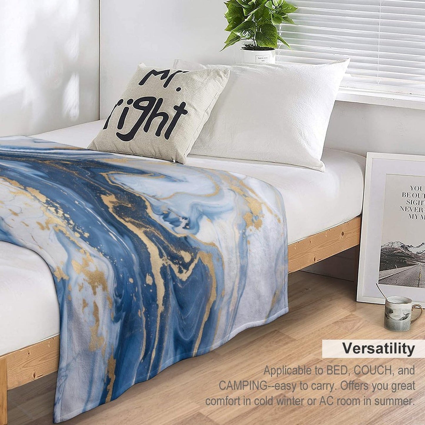 Marble Throw Blanket for Bed Sofa, 40"x50" Super Soft Warm Cozy Fluffy Plush Blanket, Modern Luxury Foil Texture Blue White Gold Marble Flannel Couch Blanket for Travel Camping