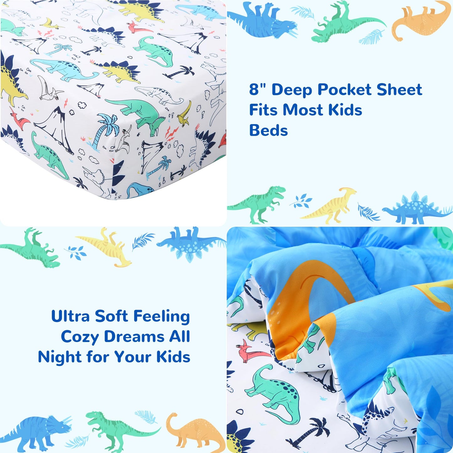 Viviland Blue Dinosaur Toddler Comforter Sets, Cute Girls Toddler Bedding Set, Soft Microfiber Toddler Bed Set