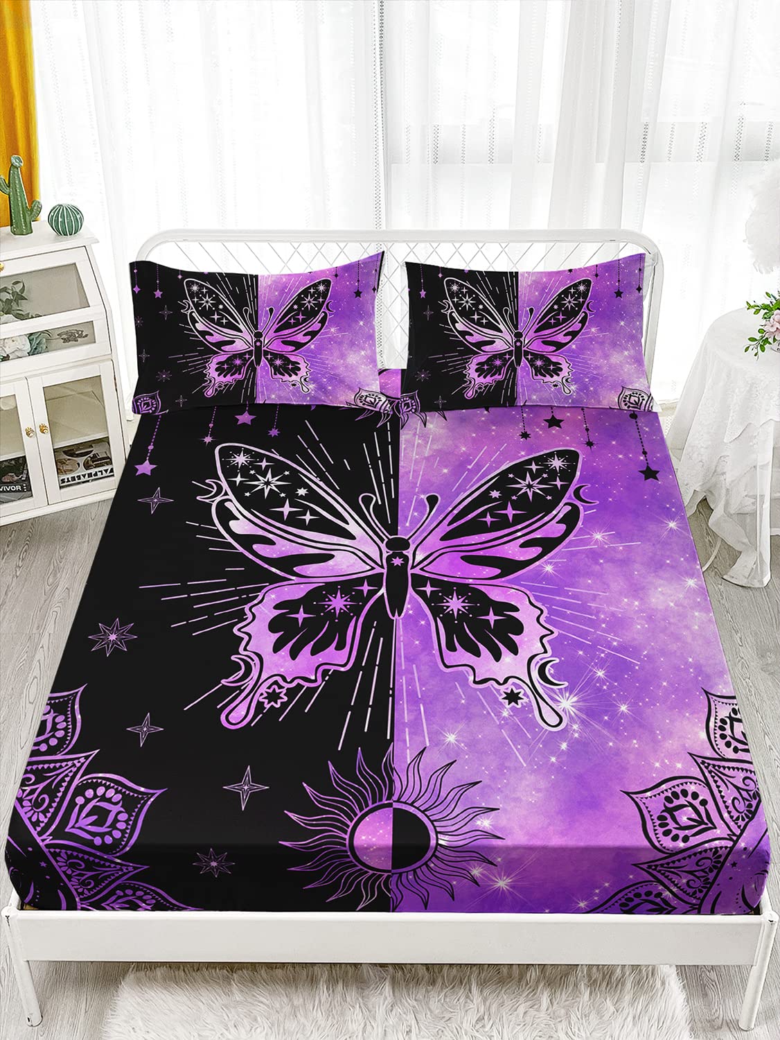 HOSIMA Butterfly Twin Fitted Sheet Set, Microfiber 3 Piece Twin Bedding Sets Starry Sun Mandala Fitted Sheet for Kids Teens, Bohemian Aesthetics Room Decor