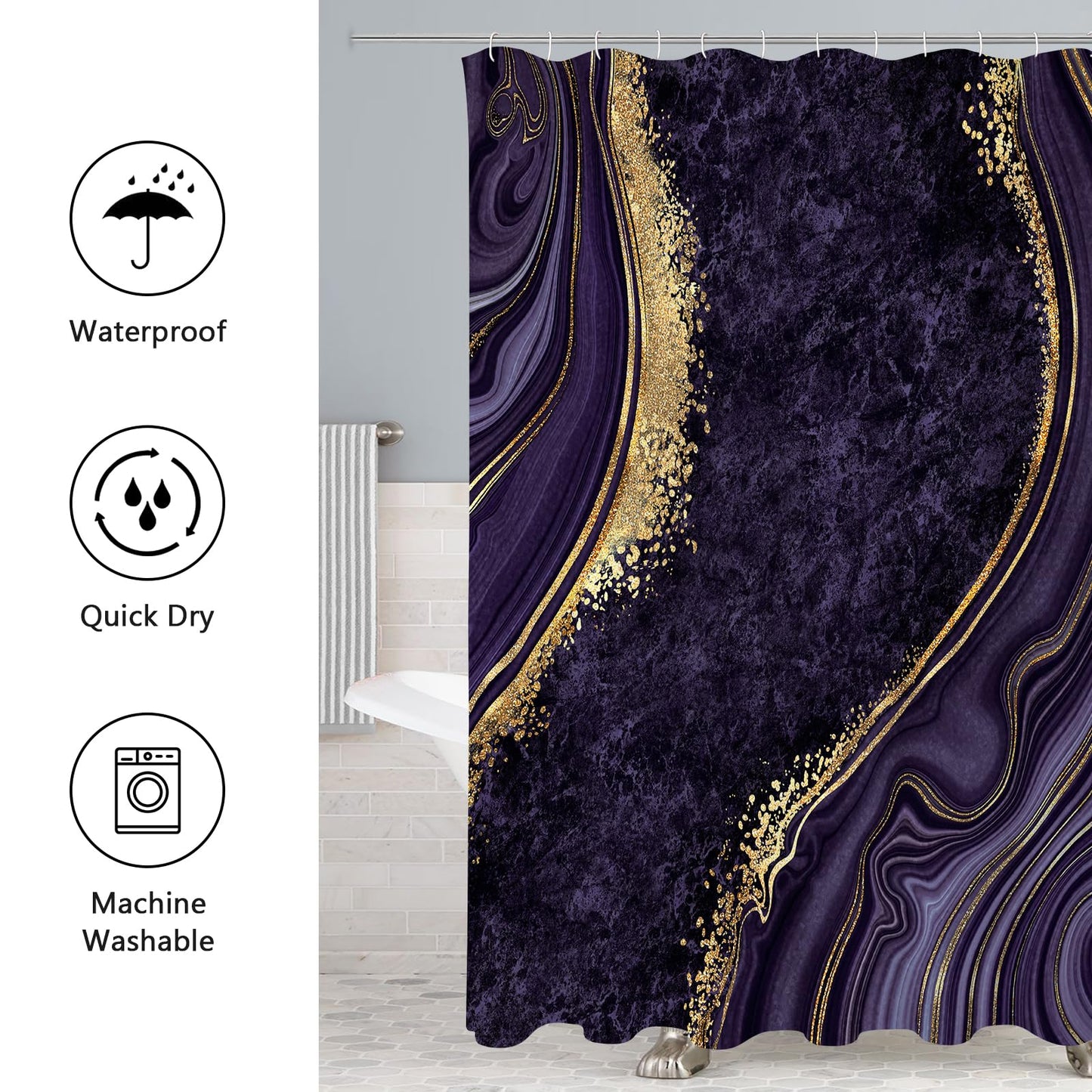 Gibelle 4 Pcs Luxury Marble Shower Curtain Set with Non-Slip Rugs, Toilet Lid Cover and Bath Mat, Gold Foil Purple Bathroom Decor Set with Shower Curtain and Rugs and Accessories