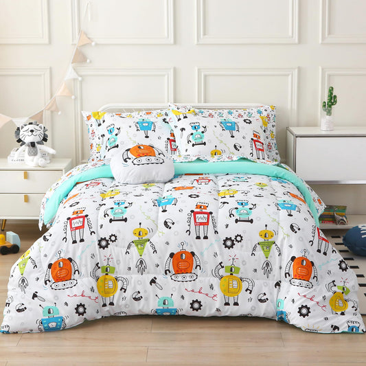Mooreeke Twin Size Comforter Sets for Boys Kids, 6 Pieces Bed in a Bag White Robot Bedding Comforter Sheet Set with Shams and Decorative Toy Pillow, Ultral Soft Microfiber Kids Bed Set