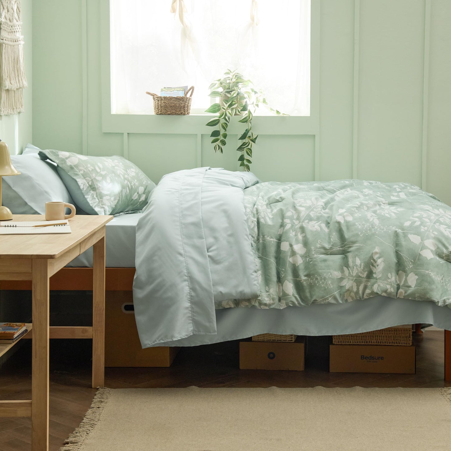 Bedsure Sage Green Twin XL Comforter Set - 5 Pieces Floral Bedding Sets Twin XL Bed in a Bag with Reversible Botanical Flowers Comforter, Sheets, Pillowcase & Sham