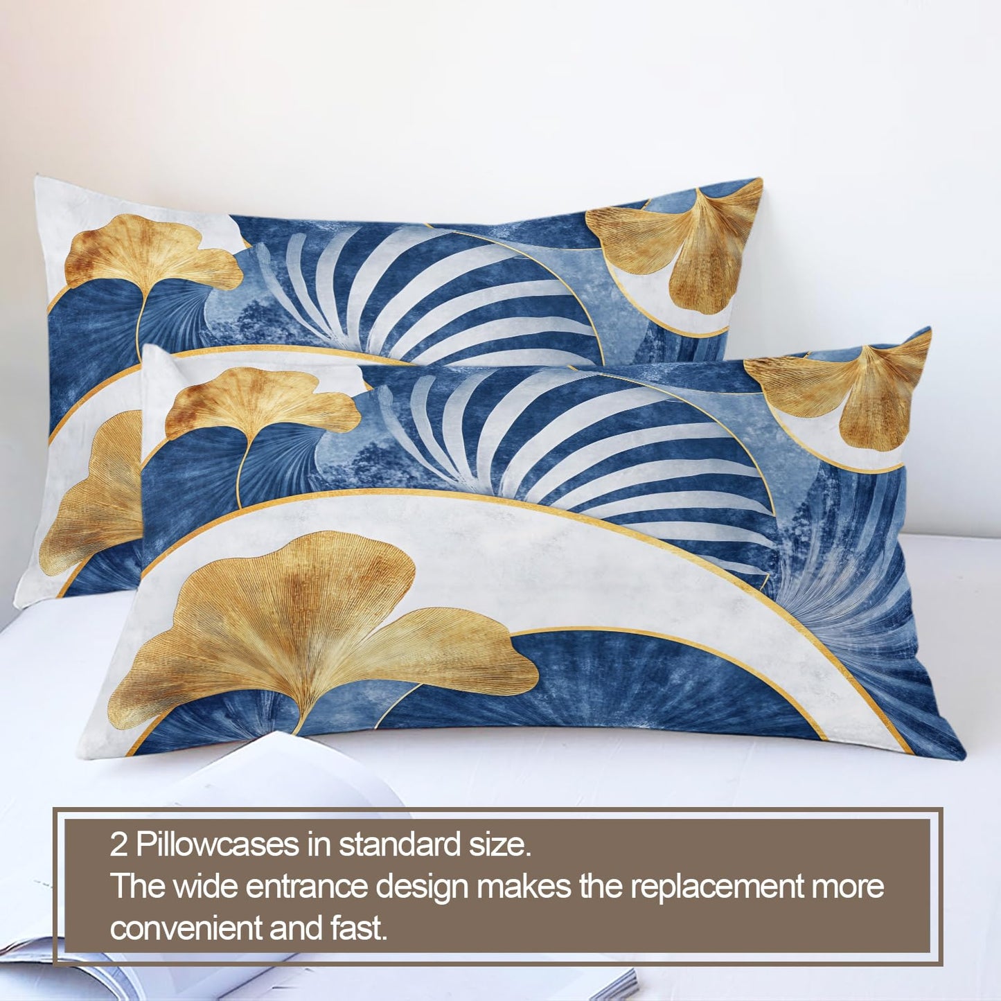 GKPLY Ginkgo Leaves Bedding Sets Full, Blue and Gold Comforter Cover, Elegant Botanical Duvet Cover & Bedroom Decor, Zipper Closure, Reversible Print, Soft Microfiber Bedding Set & 2 Pillow Cases