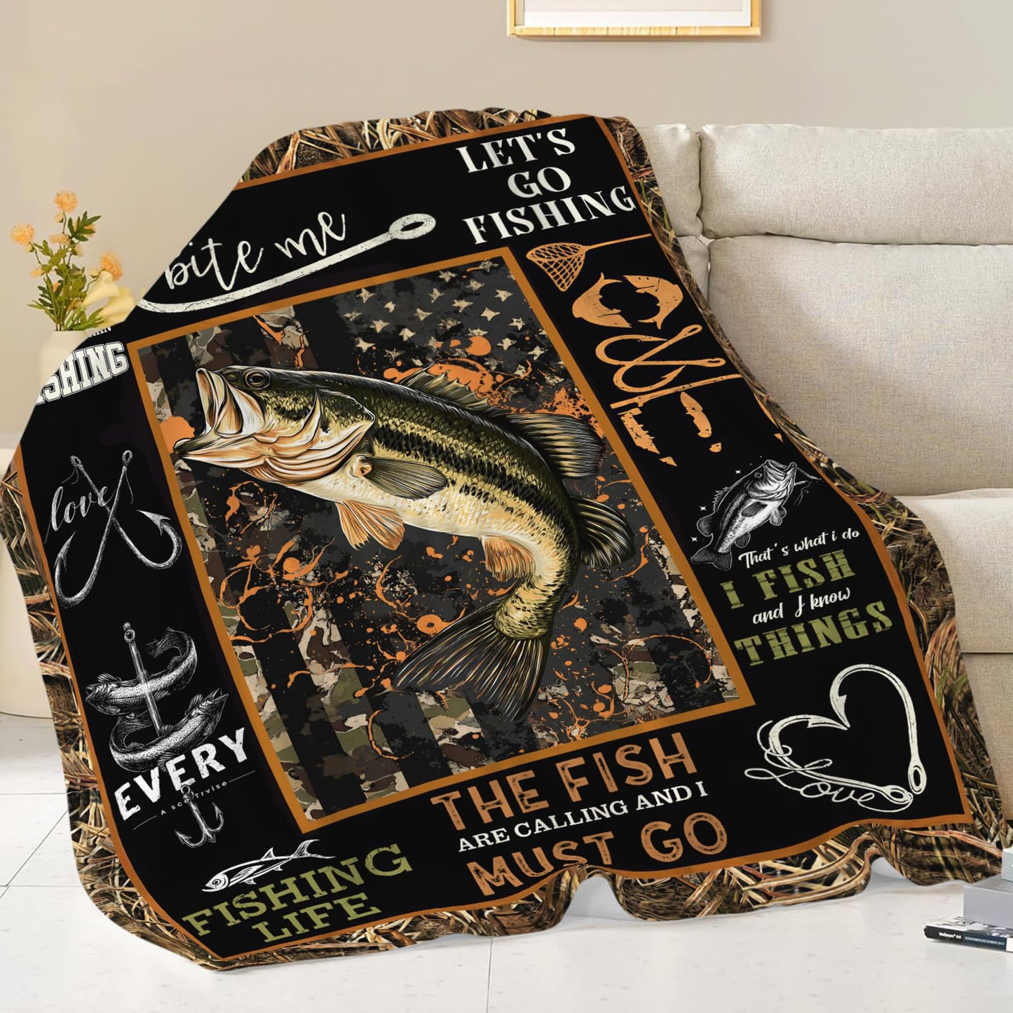 Dynova Fishing Blanket Cozy Plush Fish Throw Blankets Fuzzy Flannel Fleece Camo Fisherman Gifts Decor for Boys Men 50"X40"