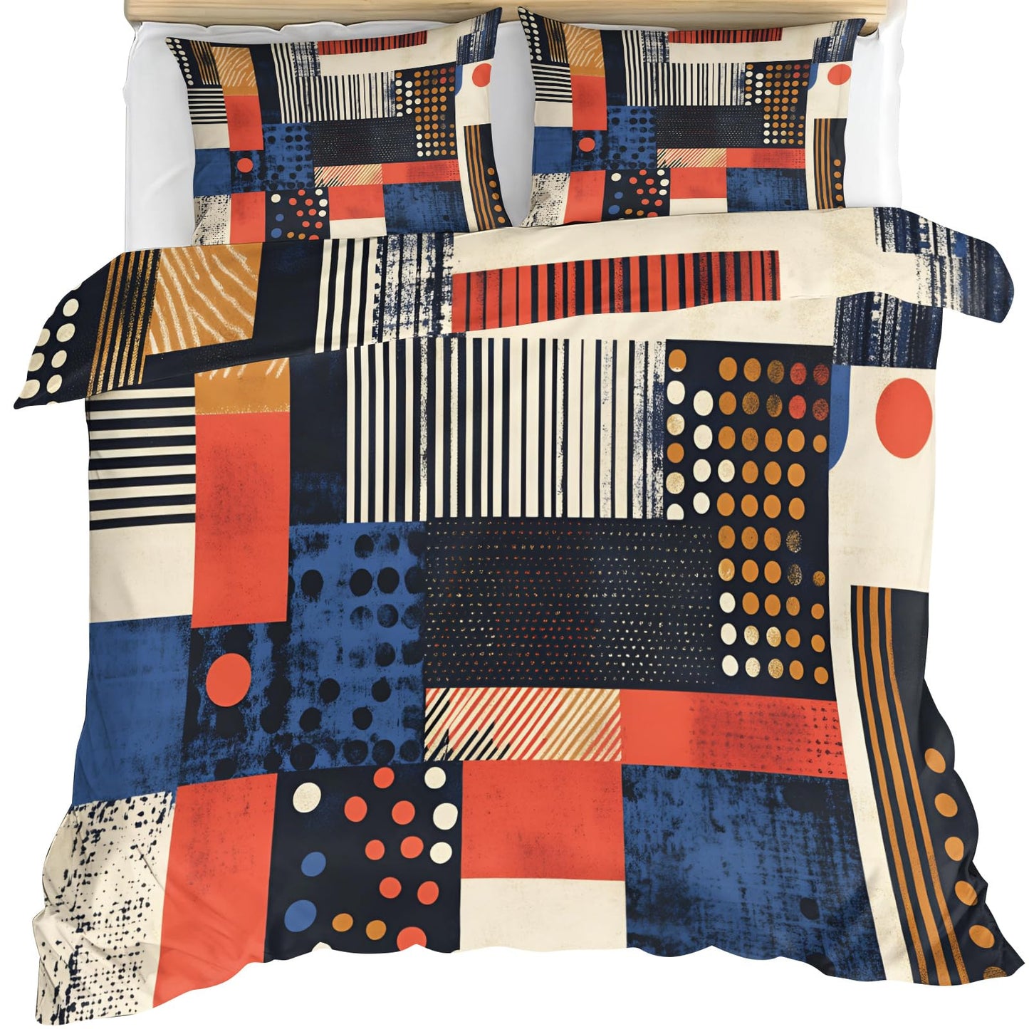GKPLY Geometric Blocks Comforter Set King, Strip Dot Distressed Duvet Cover Set, Mid Century Bedding Set & Home Decor, Zipper & Ties, Reversible Print - Boho Abstract Quilt & 2 Pillow Cases