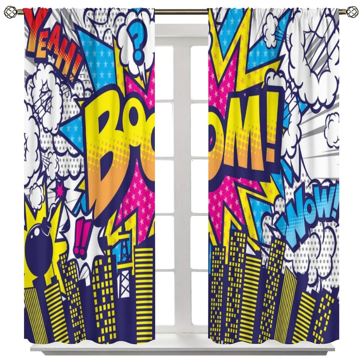 Hero Window Curtains,Comic Art Style Buildings Cityscape Cartoon City Window Treatments for Kids Boys Girls Bedroom Nursery Décor Drapes 2 Panel Sets Total Size 42" x 45"