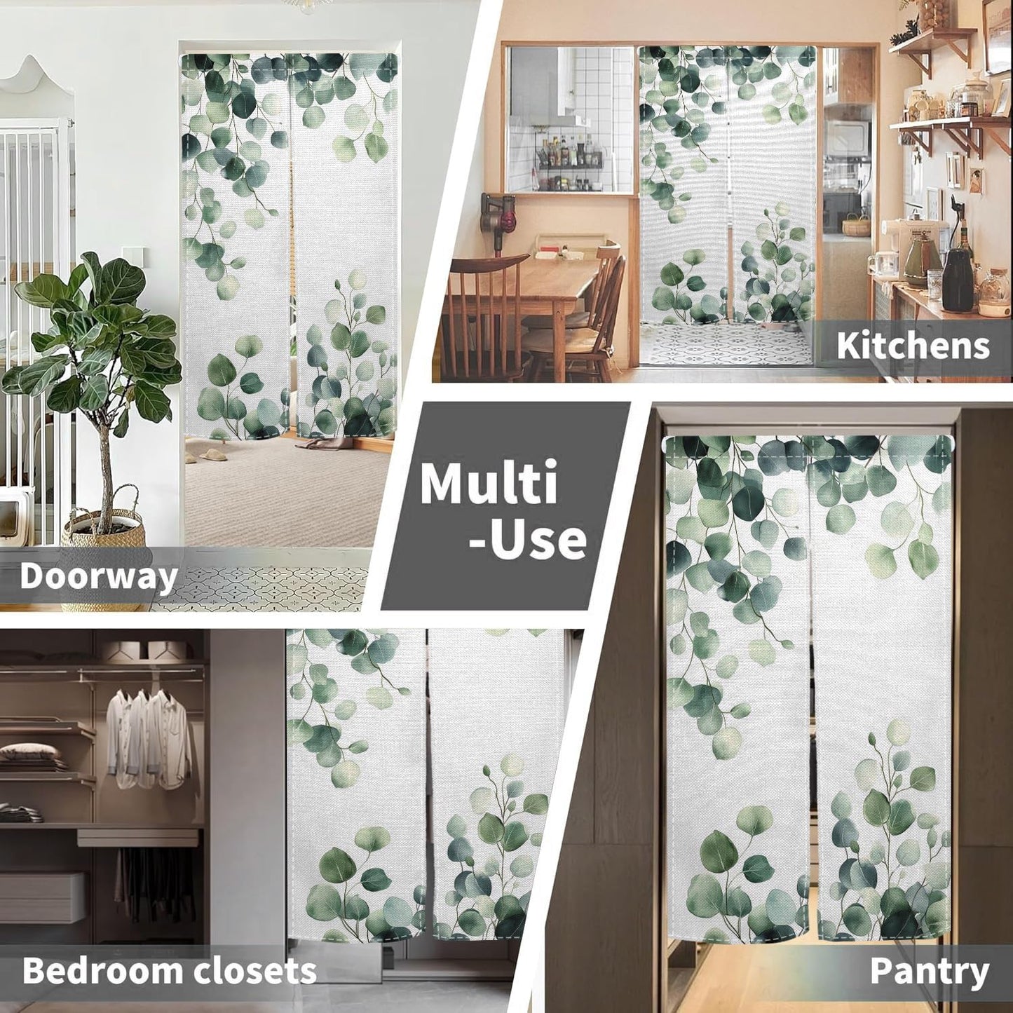 Leowefowa Green Leaves Eucalyptus Doorway Curtain Tapestry Panel for Wall Hanging Japanese Noren Bedroom Partition Kithchen Divider Bathroom Door Decor, 33.5"x 70.9"
