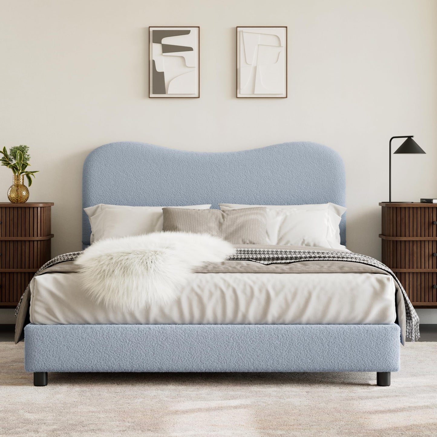 GarveeHome Boucle Full Size Bed Frame with Upholstered Headboard, Soft Low Profile Sturdy Platform Bed with Rounded Corners Design, Heavy Duty, Wooden Slats, Noise Free, No Box Spring Needed, Blue